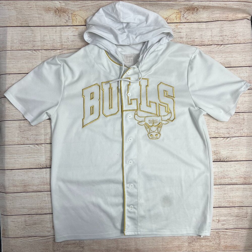 NBA Chicago Bulls White Gold Hooded Button Jersey XL‎ #66 Chicago Short Sleeve